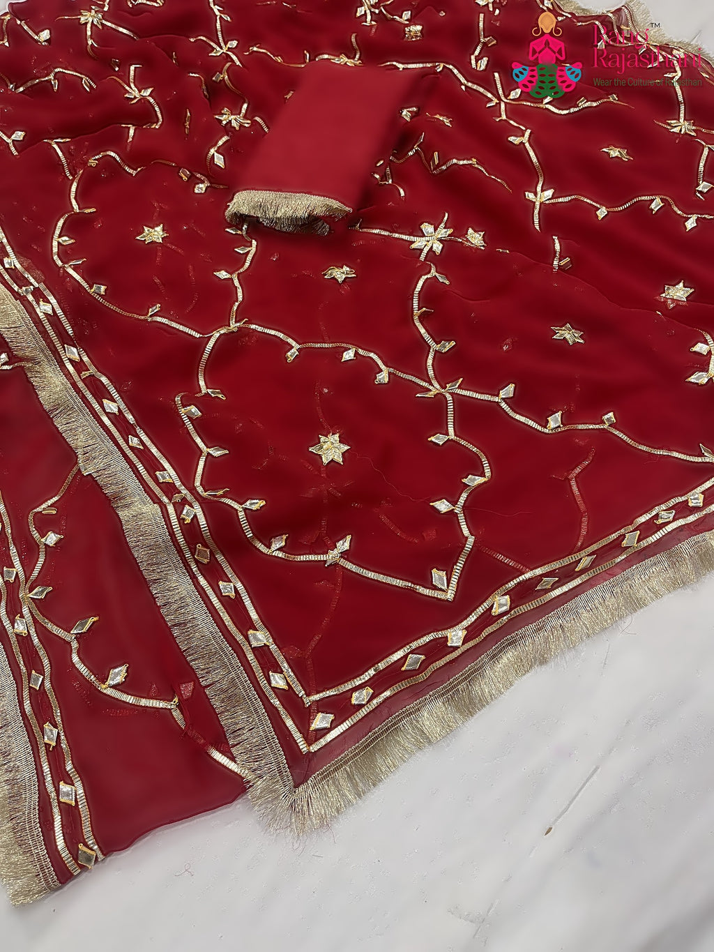 Red Pure Chiffon Gota Patti Work Saree : Warm Grace
