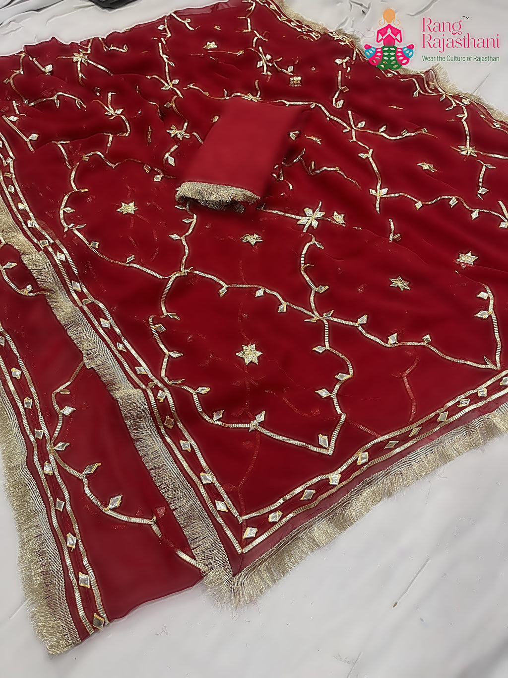 Red Pure Chiffon Gota Patti Work Saree : Warm Grace