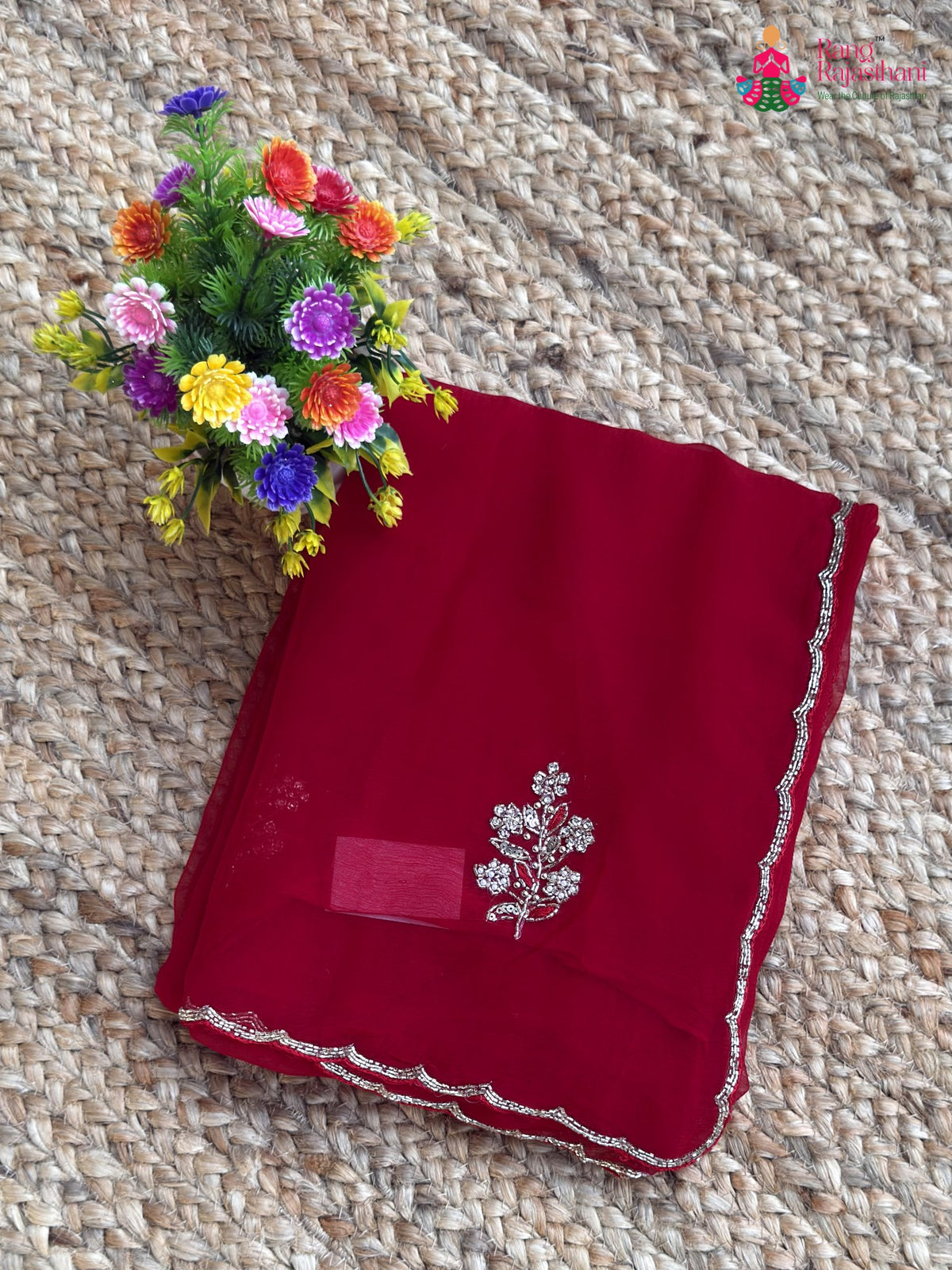 red pure chiffon hand embellishment saree ethnic wear by Rang Rajasthani