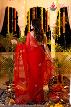 Red Pure Chiffon Hand Embellishment Saree for Red Puja Sarees | Shop Now