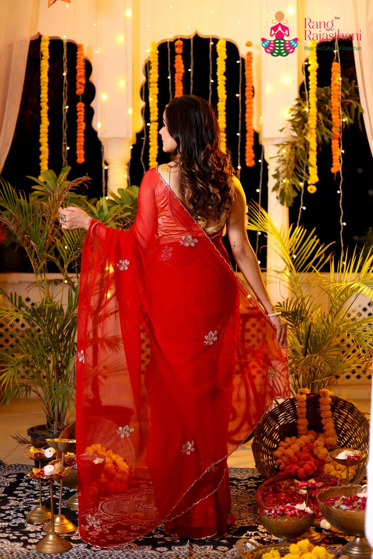 Red Pure Chiffon Hand Embellishment Saree for Red Puja Sarees | Shop Now