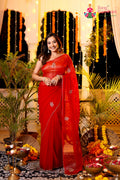 Red Pure Chiffon Hand Embellishment Saree for Red Puja Sarees | Shop Now