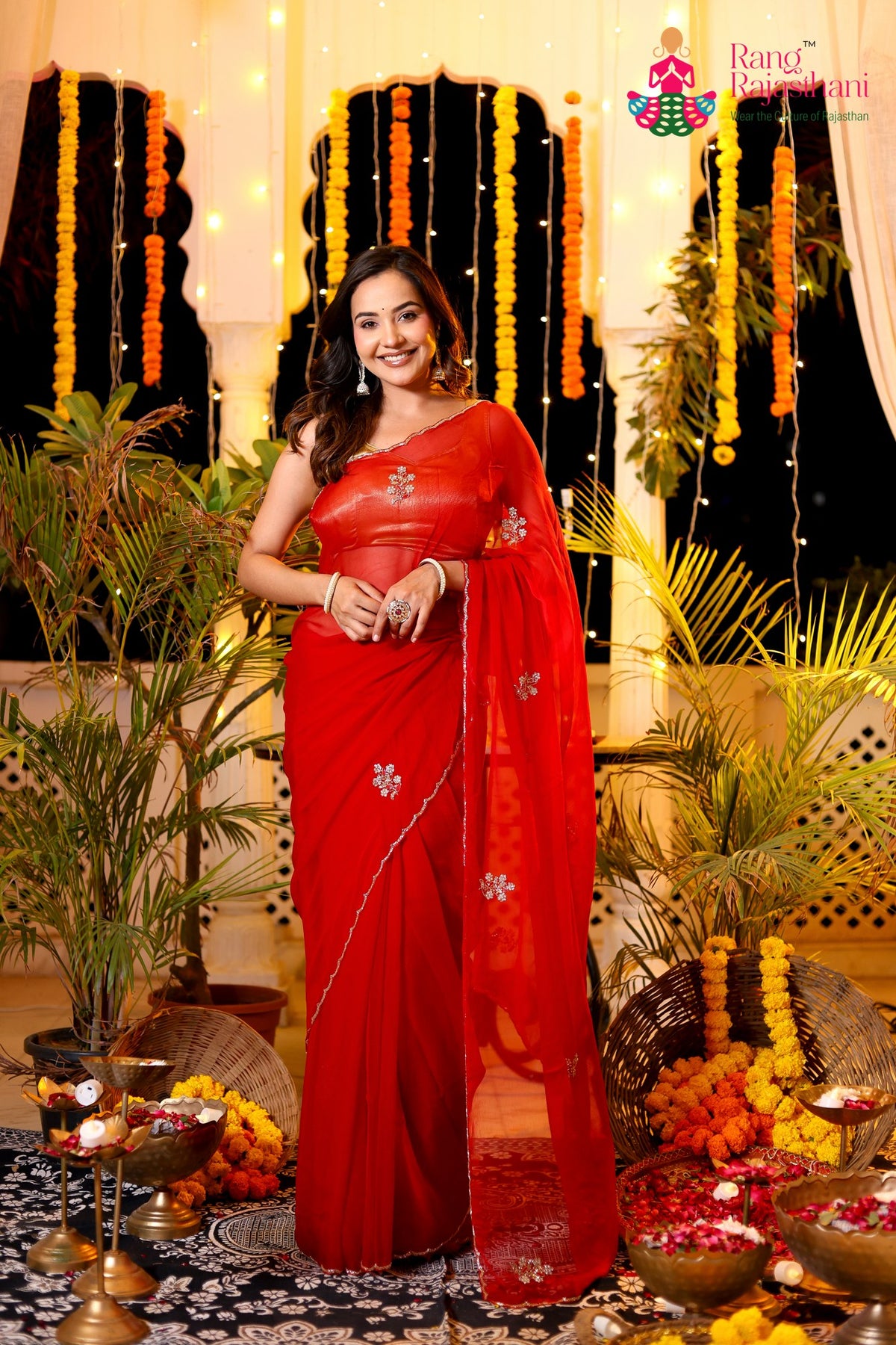Red Pure Chiffon Hand Embellishment Saree for Red Puja Sarees | Shop Now