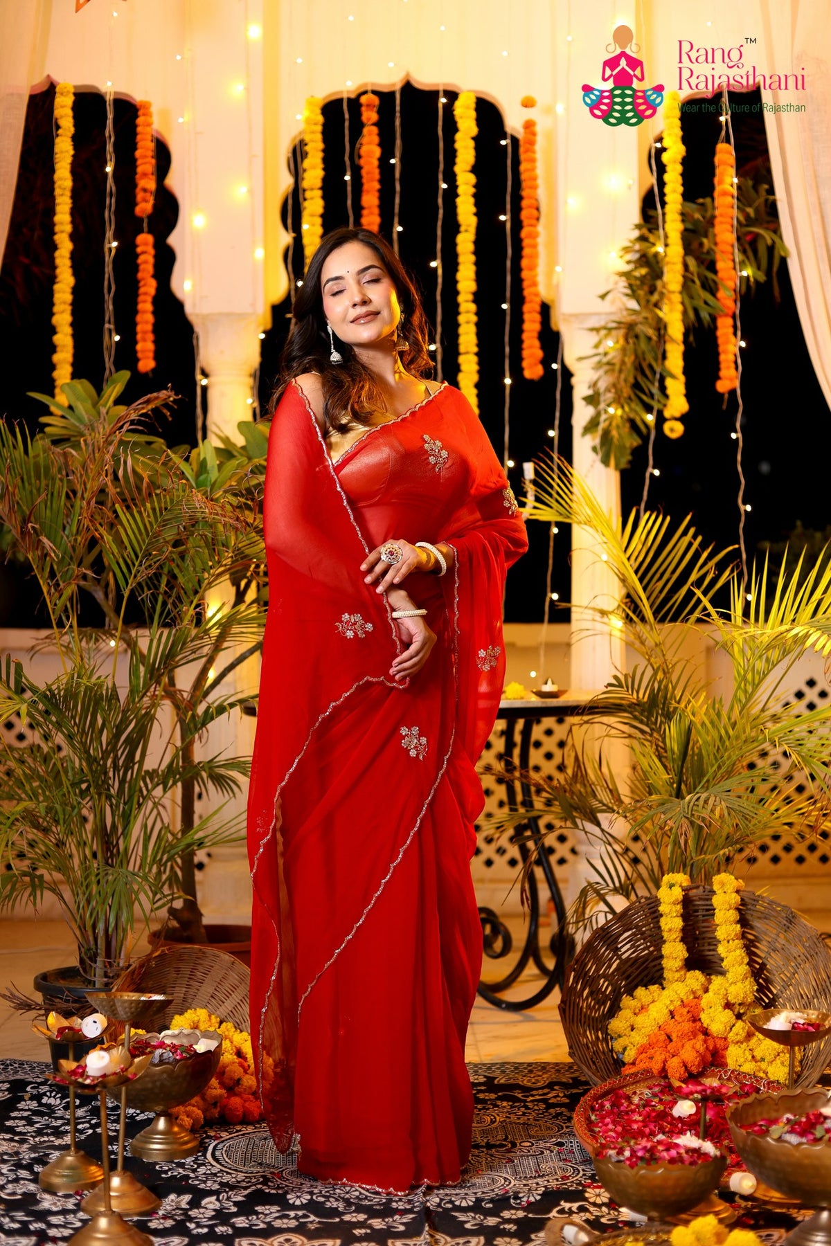 Red Pure Chiffon Hand Embellishment Saree for Red Puja Sarees | Shop Now