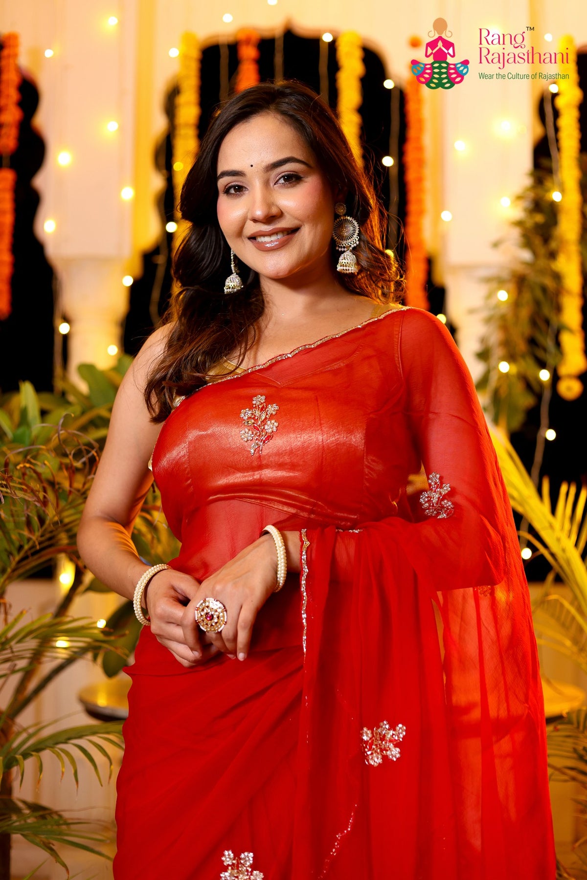 Red Pure Chiffon Hand Embellishment Saree for Red Puja Sarees | Shop Now