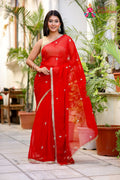 Red Pure Chiffon Hand Work Saree for Red Puja Sarees | Festive Wear