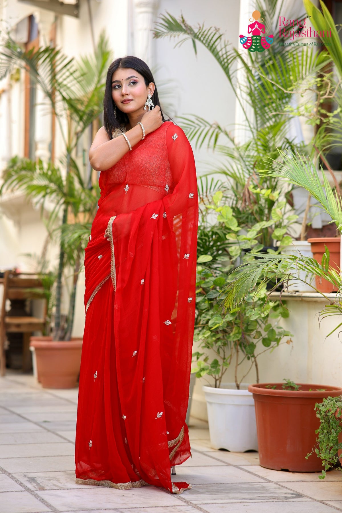 Red Pure Chiffon Hand Work Saree for Red Puja Sarees | Festive Wear