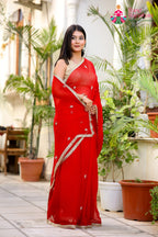 Red Pure Chiffon Hand Work Saree for Red Puja Sarees | Festive Wear