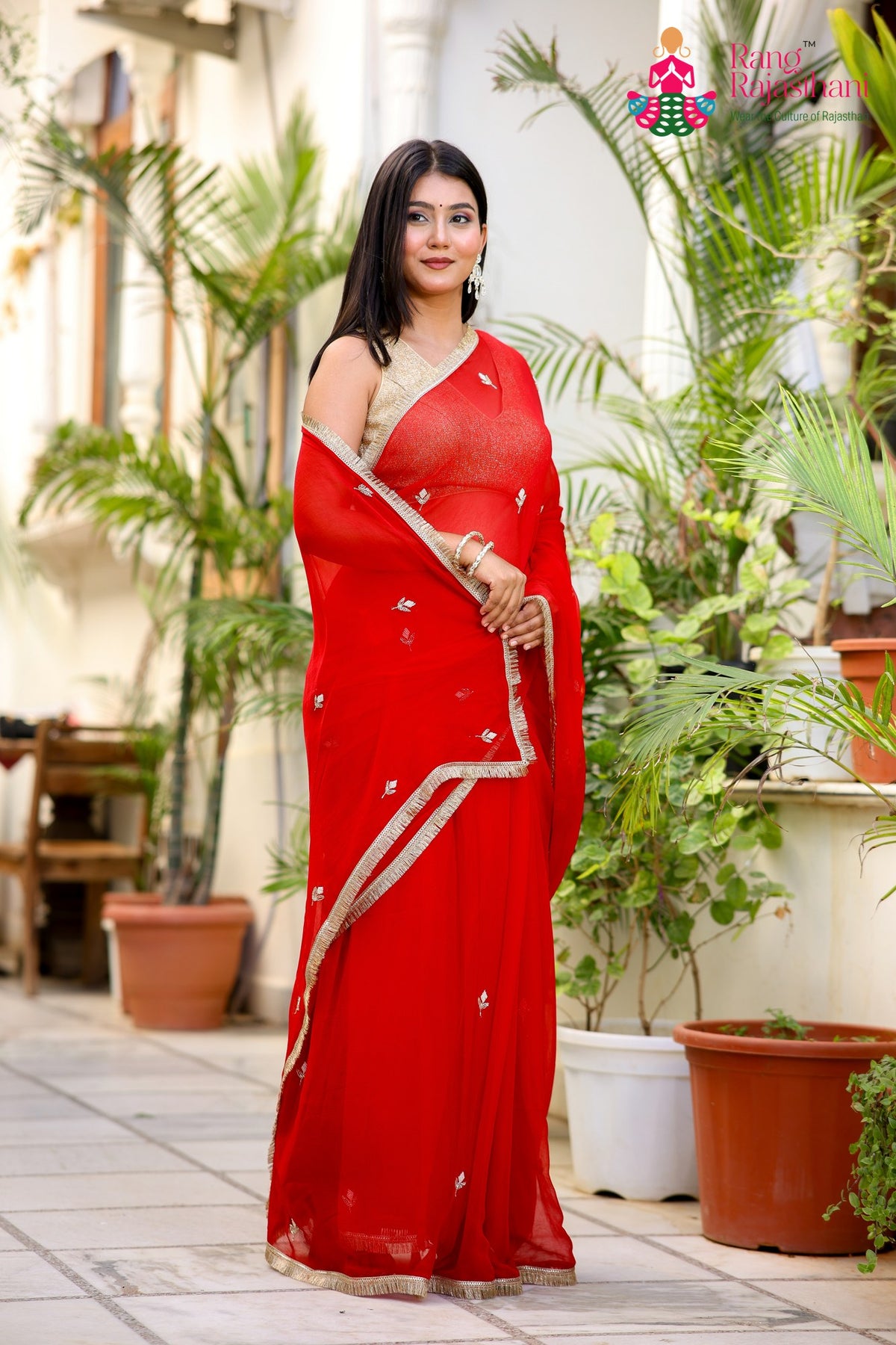 Red Pure Chiffon Hand Work Saree for Red Puja Sarees | Festive Wear