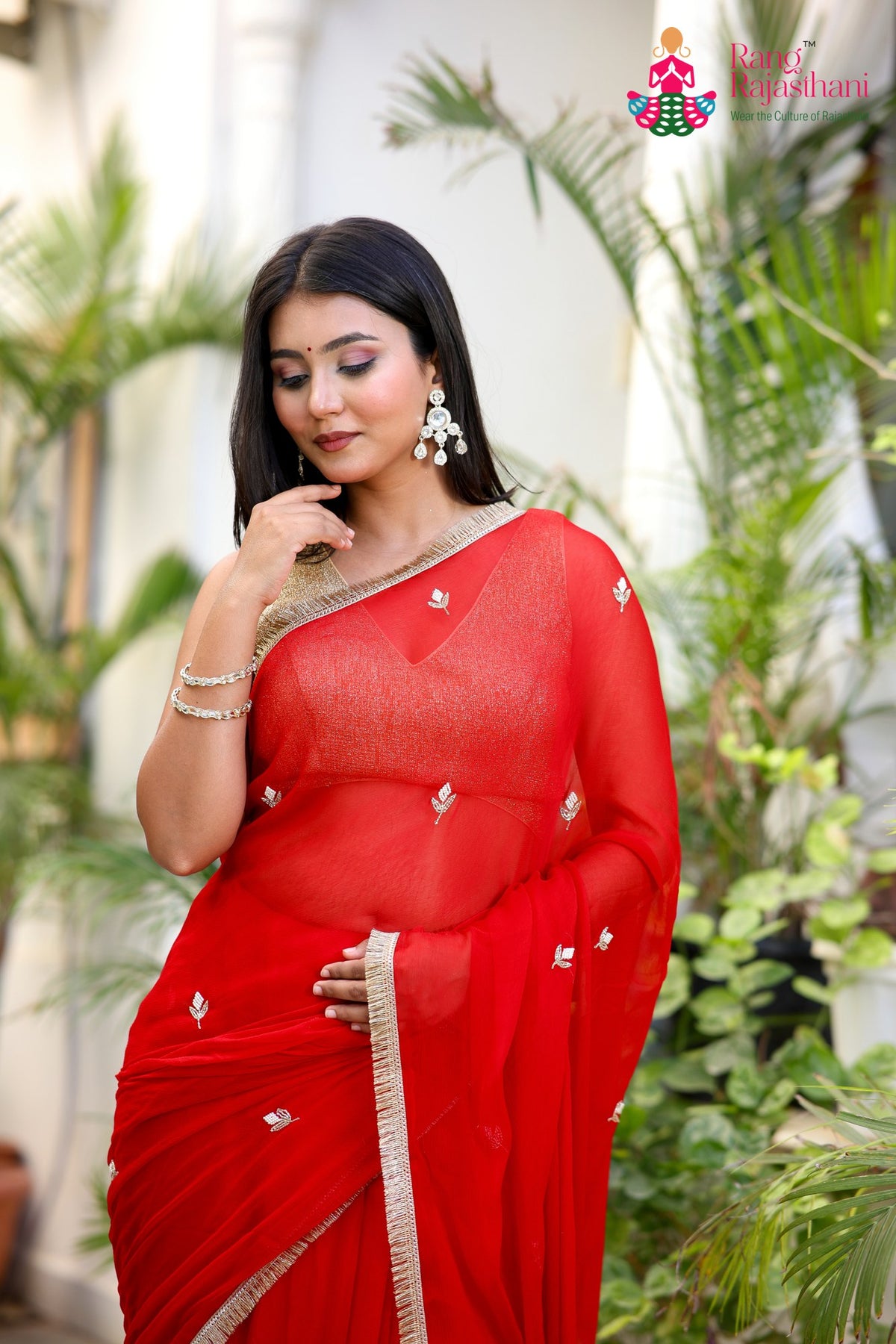 Red Pure Chiffon Hand Work Saree for Red Puja Sarees | Festive Wear