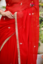 Red Pure Chiffon Hand Work Saree for Red Puja Sarees | Festive Wear