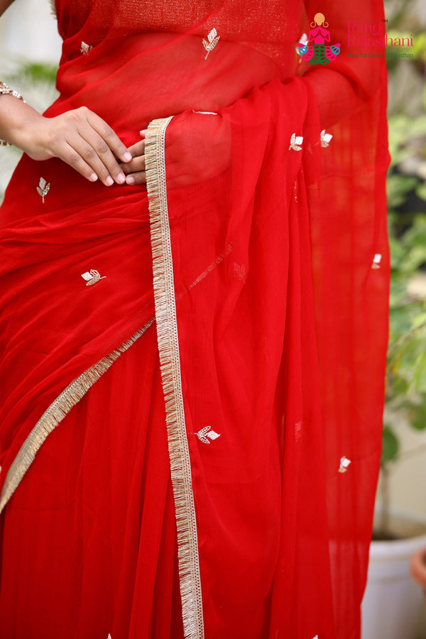 Red Pure Chiffon Hand Work Saree for Red Puja Sarees | Festive Wear