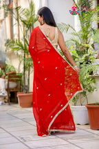 Red Pure Chiffon Hand Work Saree for Red Puja Sarees | Festive Wear
