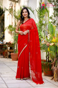 Red Pure Chiffon Hand Work Saree for Red Puja Sarees | Wedding Ready
