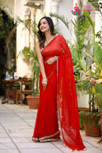 Red Pure Chiffon Hand Work Saree for Red Puja Sarees | Wedding Ready