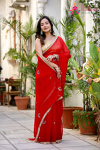 Red Pure Chiffon Hand Work Saree for Red Puja Sarees | Wedding Ready