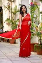 Red Pure Chiffon Hand Work Saree for Red Puja Sarees | Wedding Ready