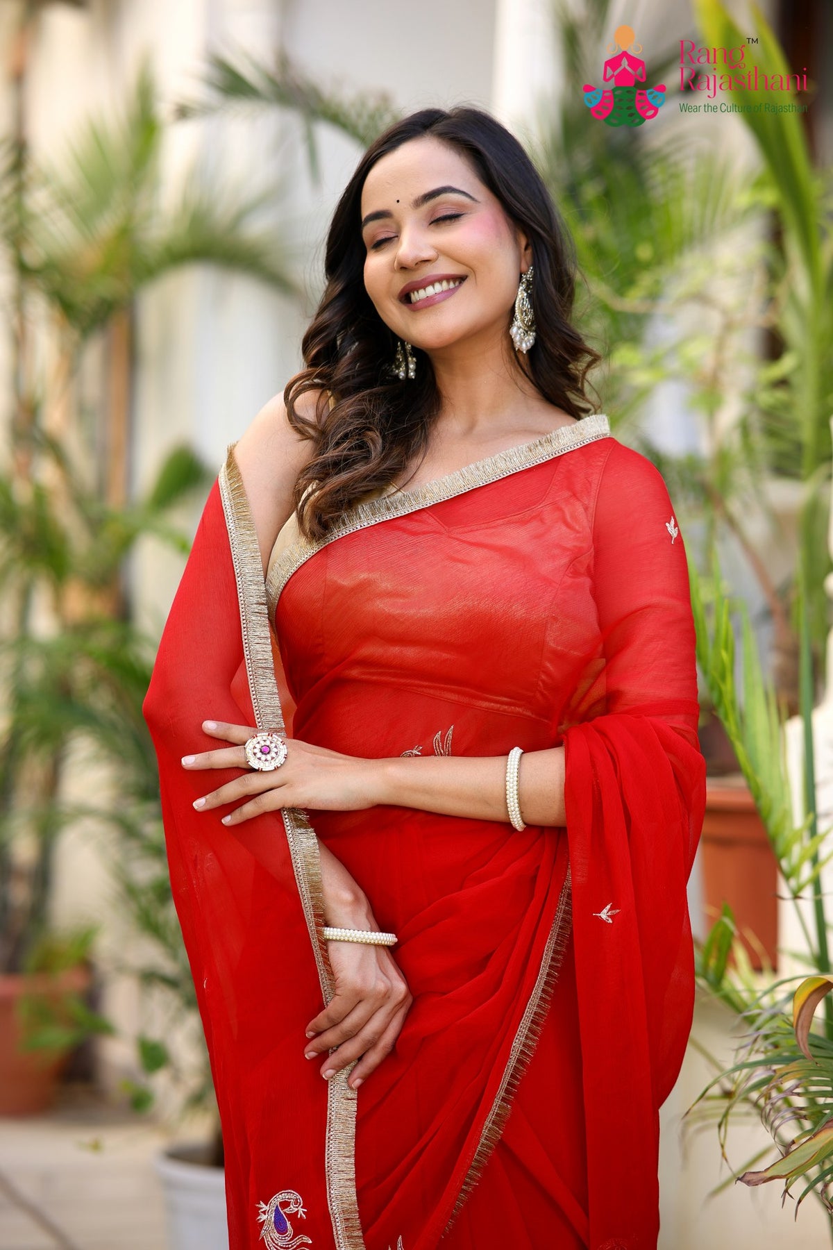 Red Pure Chiffon Hand Work Saree for Red Puja Sarees | Wedding Ready