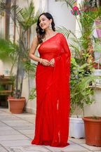 Red Pure Chiffon Mukesh Saree for Mehendi Ceremony | Wedding Collection