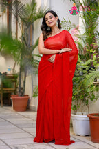Red Pure Chiffon Mukesh Saree for Mehendi Ceremony | Wedding Collection