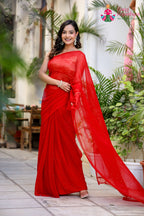 Red Pure Chiffon Mukesh Saree for Mehendi Ceremony | Wedding Collection