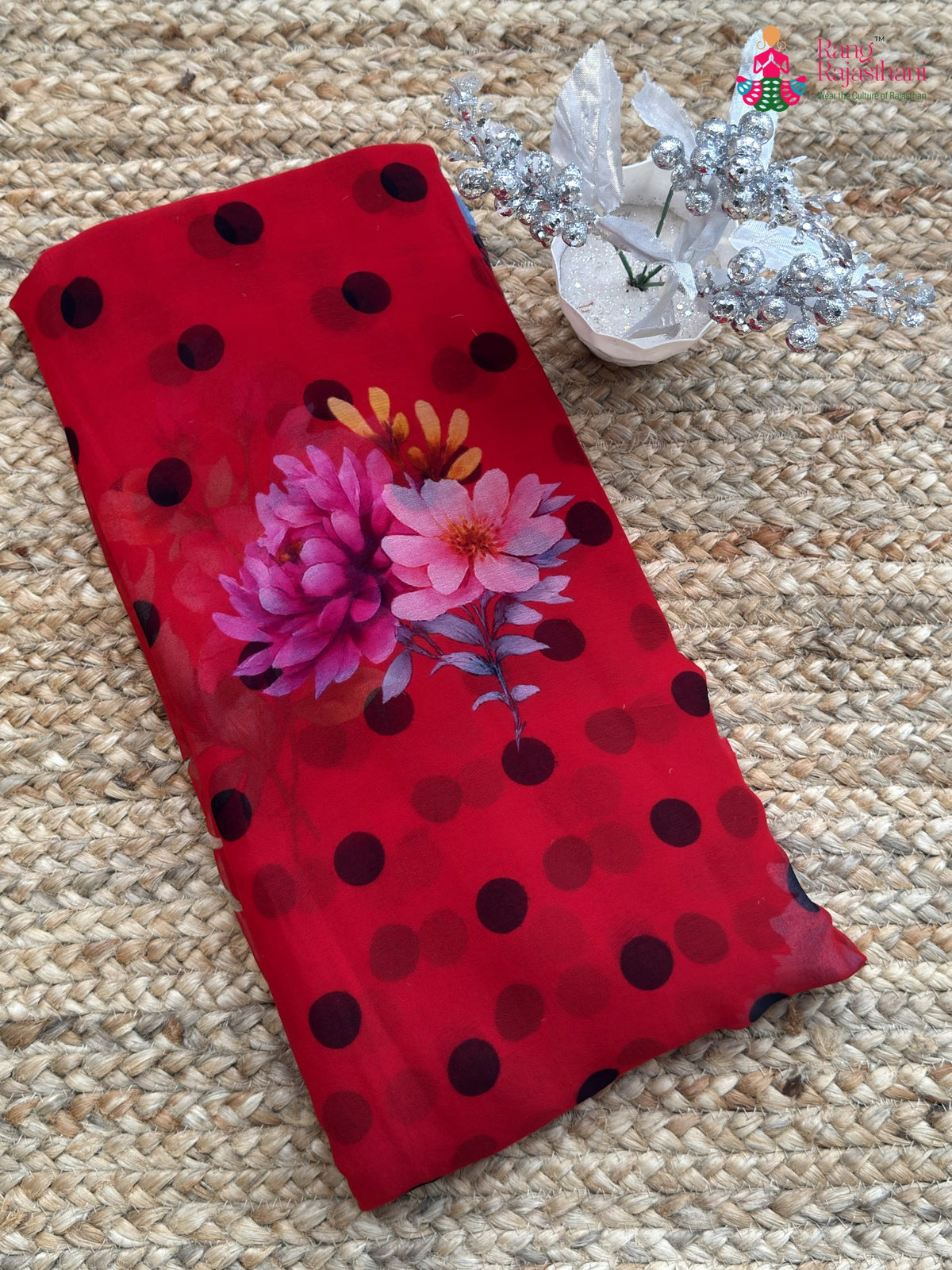 red pure chiffon printed saree ethnic wear by Rang Rajasthani