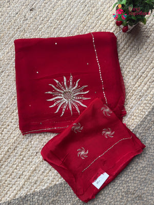 Red Pure Chiffon Rajputi Aari Tari Saree for Karwa Chauth | Shop Online
