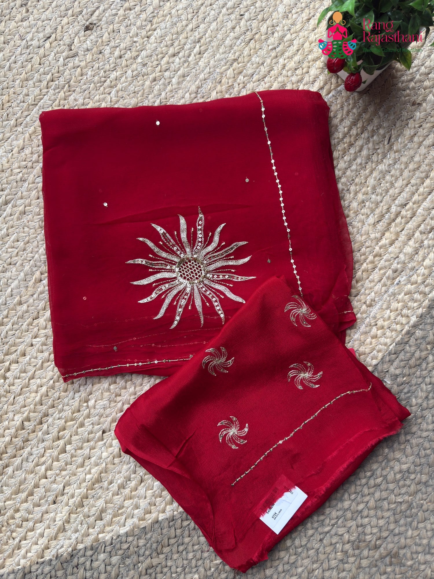 Red Pure Chiffon Rajputi Aari Tari Saree for Karwa Chauth | Shop Online