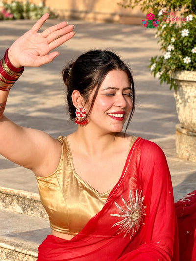 Red Pure Chiffon Rajputi Aari Tari Saree for Karwa Chauth | Shop Online