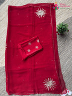 Red Pure Chiffon Rajputi Aari Tari Saree for Karwa Chauth | Shop Online