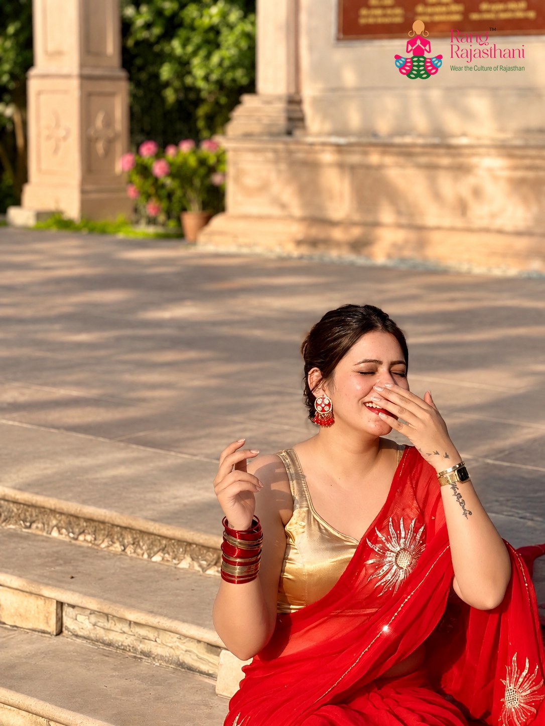 Red Pure Chiffon Rajputi Aari Tari Saree for Karwa Chauth | Shop Online