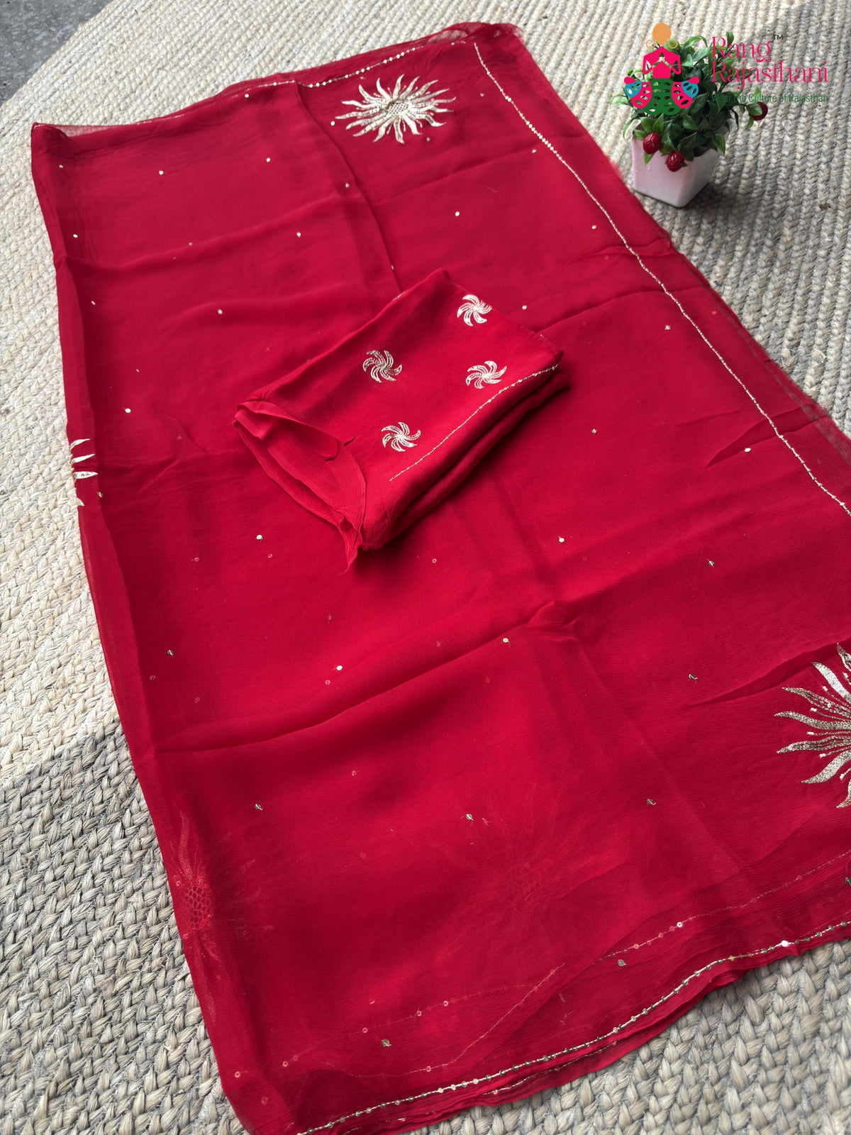 Red Pure Chiffon Rajputi Aari Tari Saree for Karwa Chauth | Shop Online