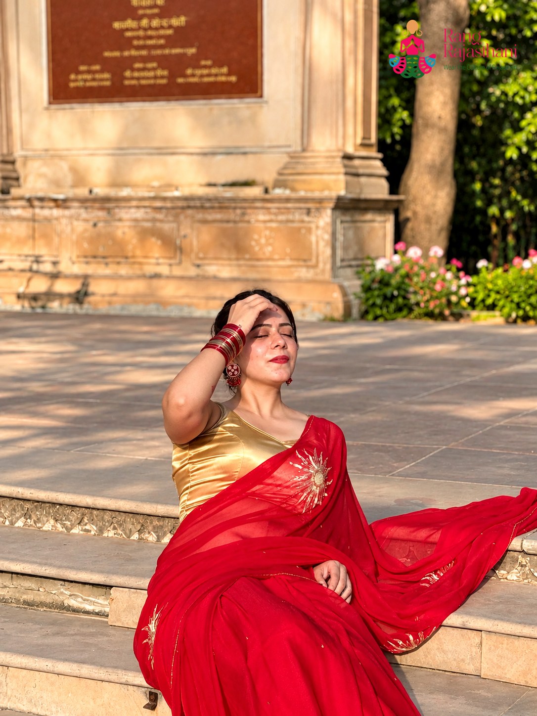 Red Pure Chiffon Rajputi Aari Tari Saree for Karwa Chauth | Shop Online