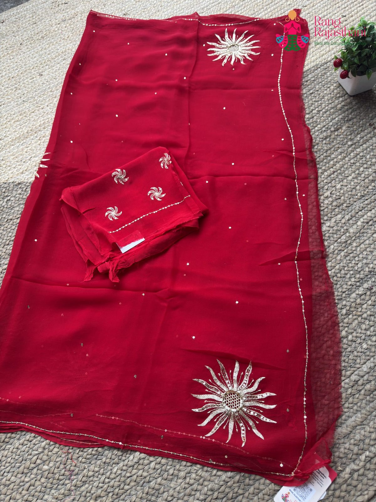 Red Pure Chiffon Rajputi Aari Tari Saree for Karwa Chauth | Shop Online