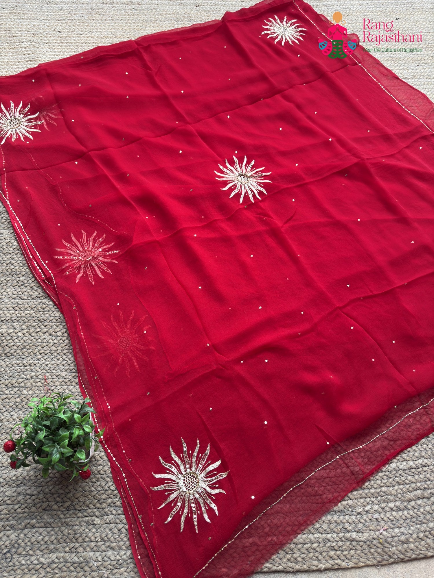 Red Pure Chiffon Rajputi Aari Tari Saree for Karwa Chauth | Shop Online