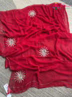 Red Pure Chiffon Rajputi Aari Tari Saree for Karwa Chauth | Shop Online