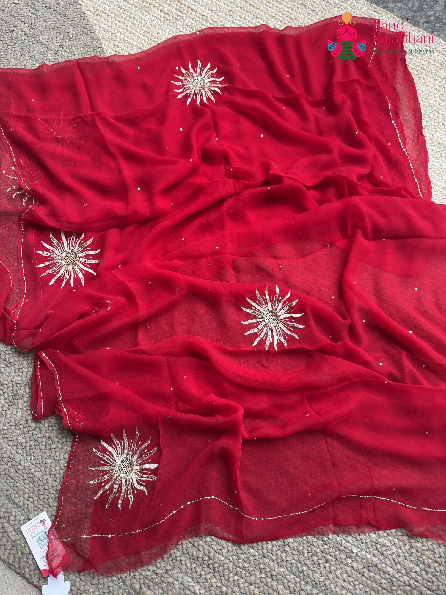 Red Pure Chiffon Rajputi Aari Tari Saree for Karwa Chauth | Shop Online