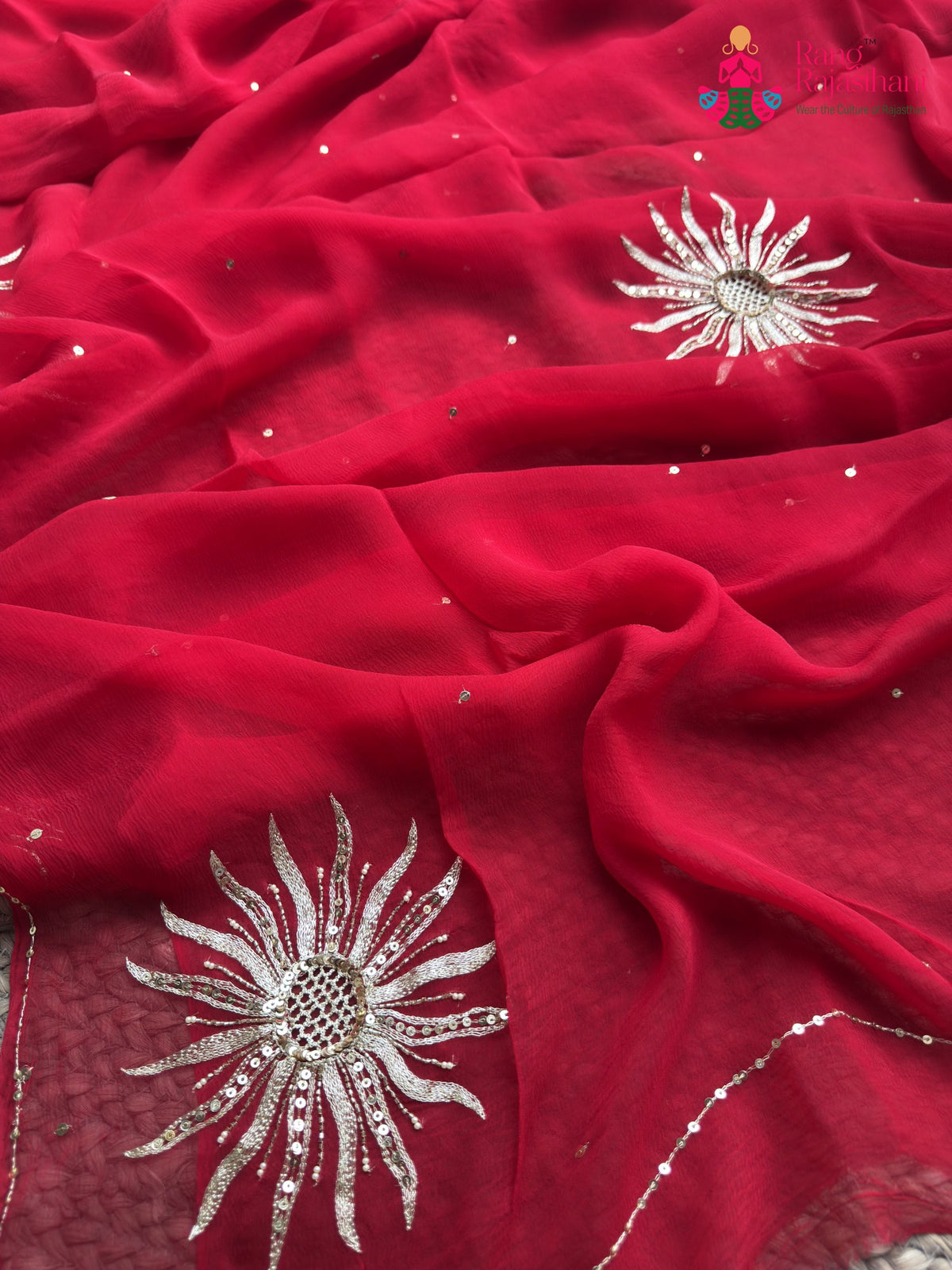 Red Pure Chiffon Rajputi Aari Tari Saree for Karwa Chauth | Shop Online