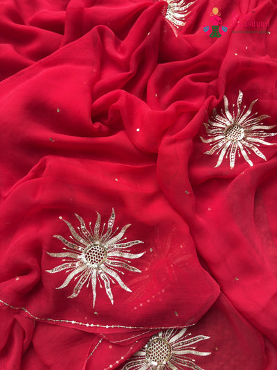 Red Pure Chiffon Rajputi Aari Tari Saree for Karwa Chauth | Shop Online