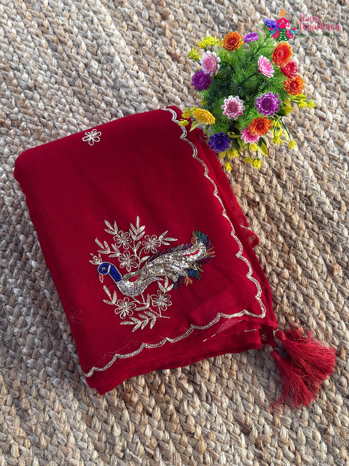 red pure chiffon rajputi aari tari saree ethnic wear by Rang Rajasthani