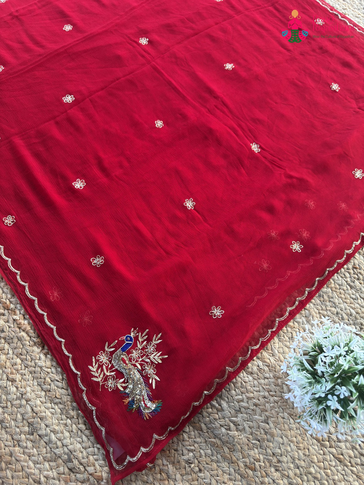 design pattern of red pure chiffon rajputi aari tari saree