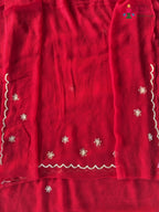 close up view of red pure chiffon rajputi aari tari saree