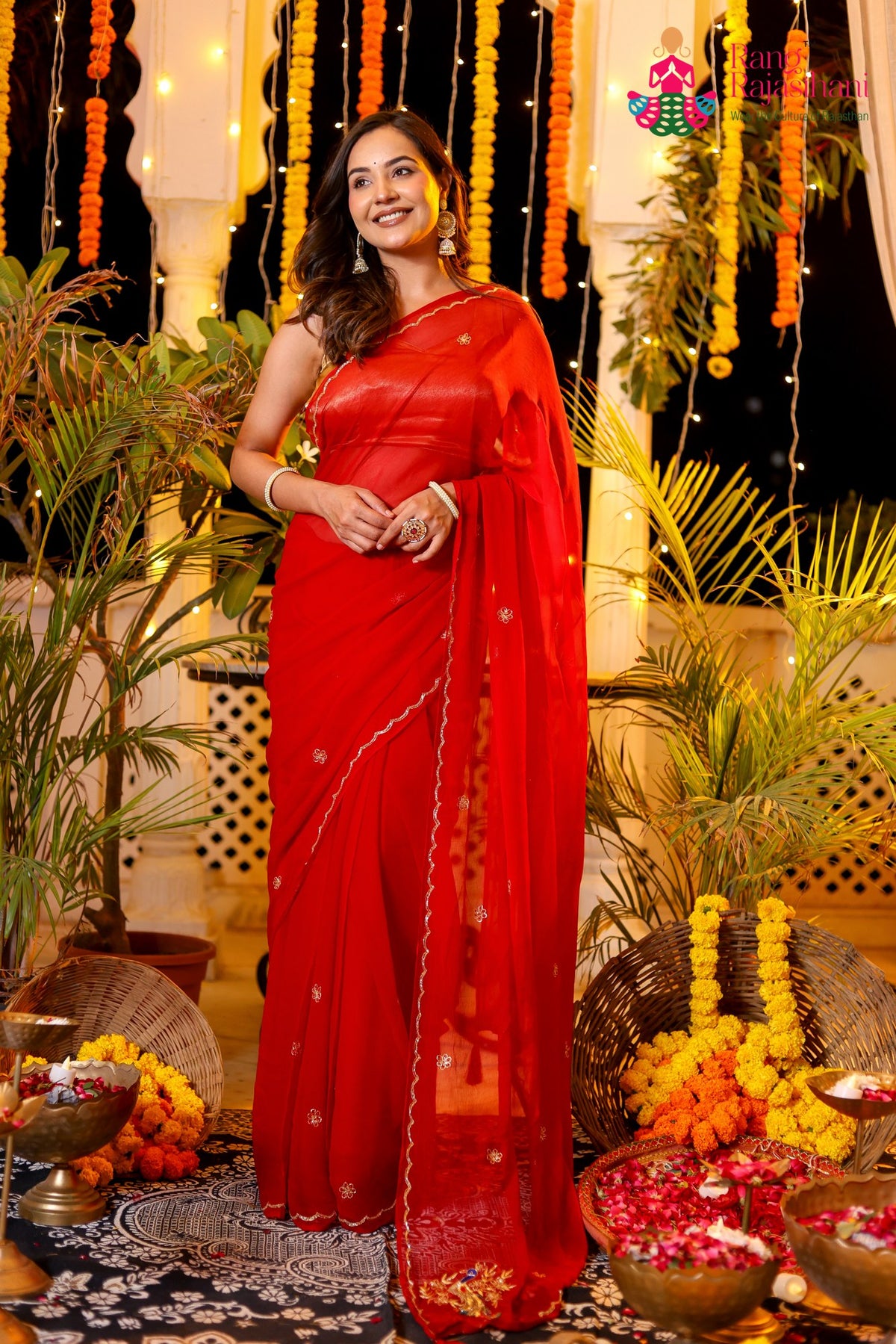 Red Pure Chiffon Rajputi Aari Tari Saree for Red Puja Sarees | Buy Now