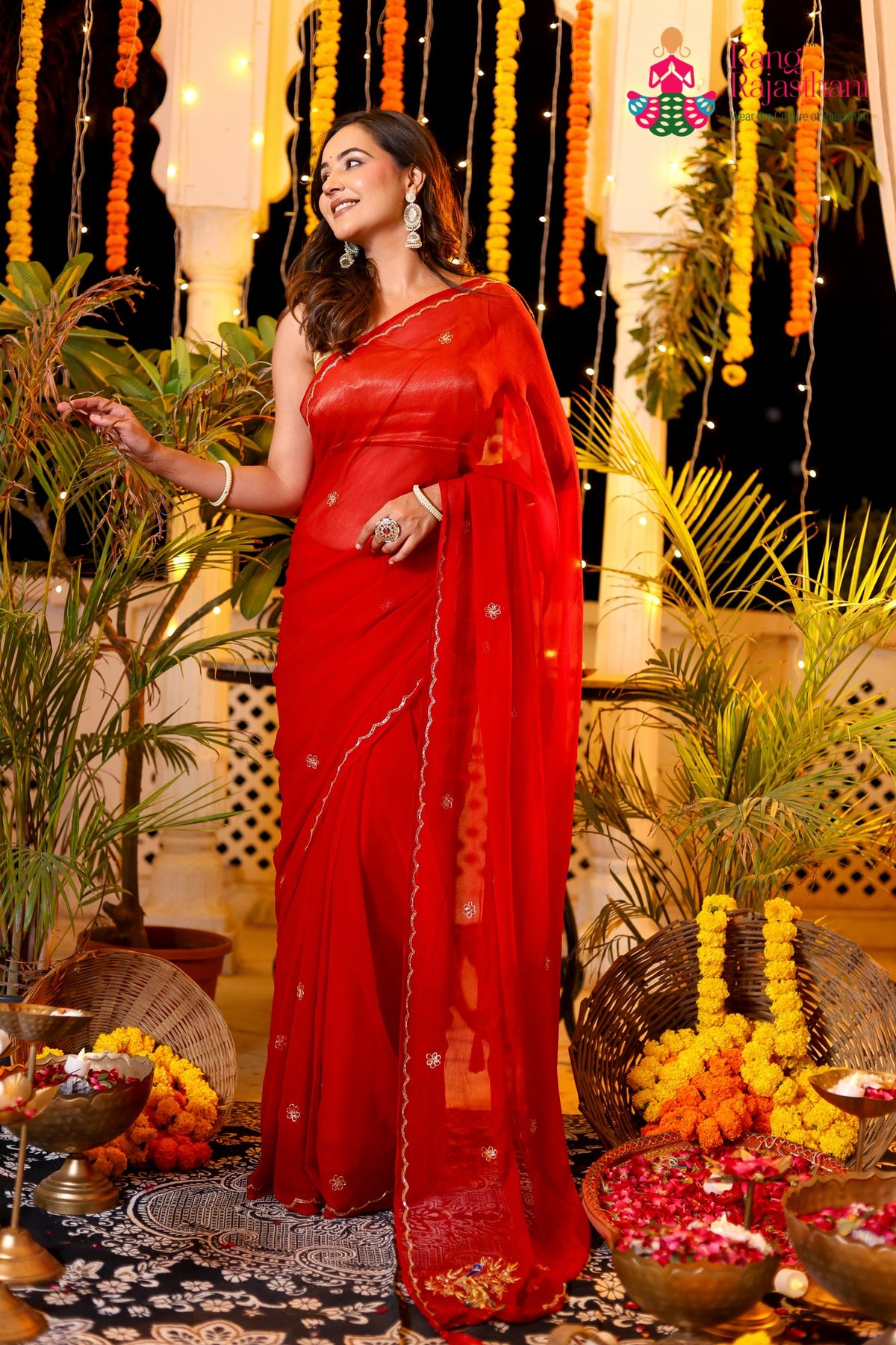 Red Pure Chiffon Rajputi Aari Tari Saree for Red Puja Sarees | Buy Now