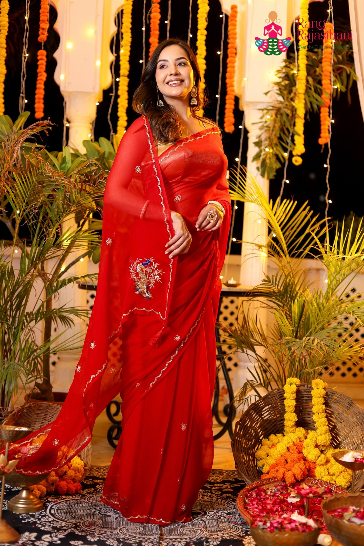 Red Pure Chiffon Rajputi Aari Tari Saree for Red Puja Sarees | Buy Now
