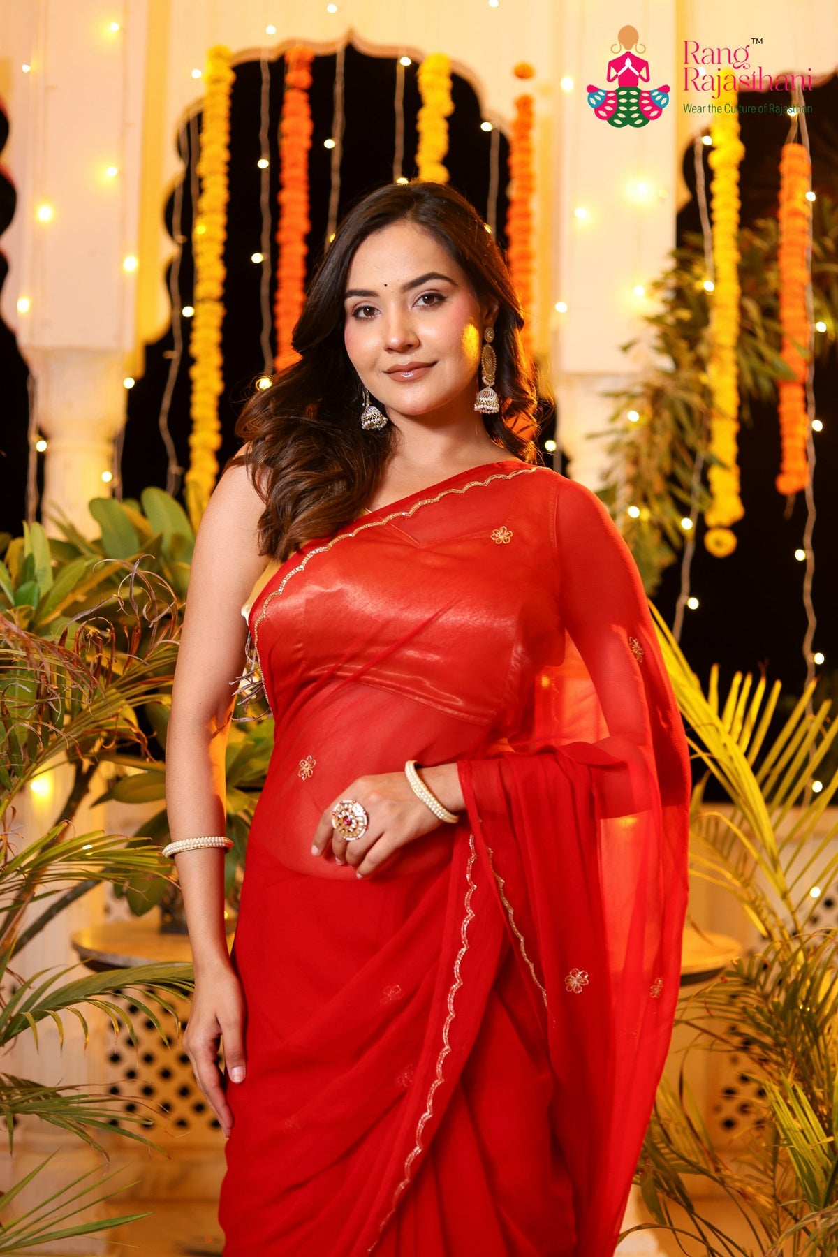 Red Pure Chiffon Rajputi Aari Tari Saree for Red Puja Sarees | Buy Now
