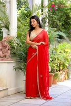 Red Pure Chiffon Rajputi Aari Tari Saree for Red Puja Sarees | Festive Collection