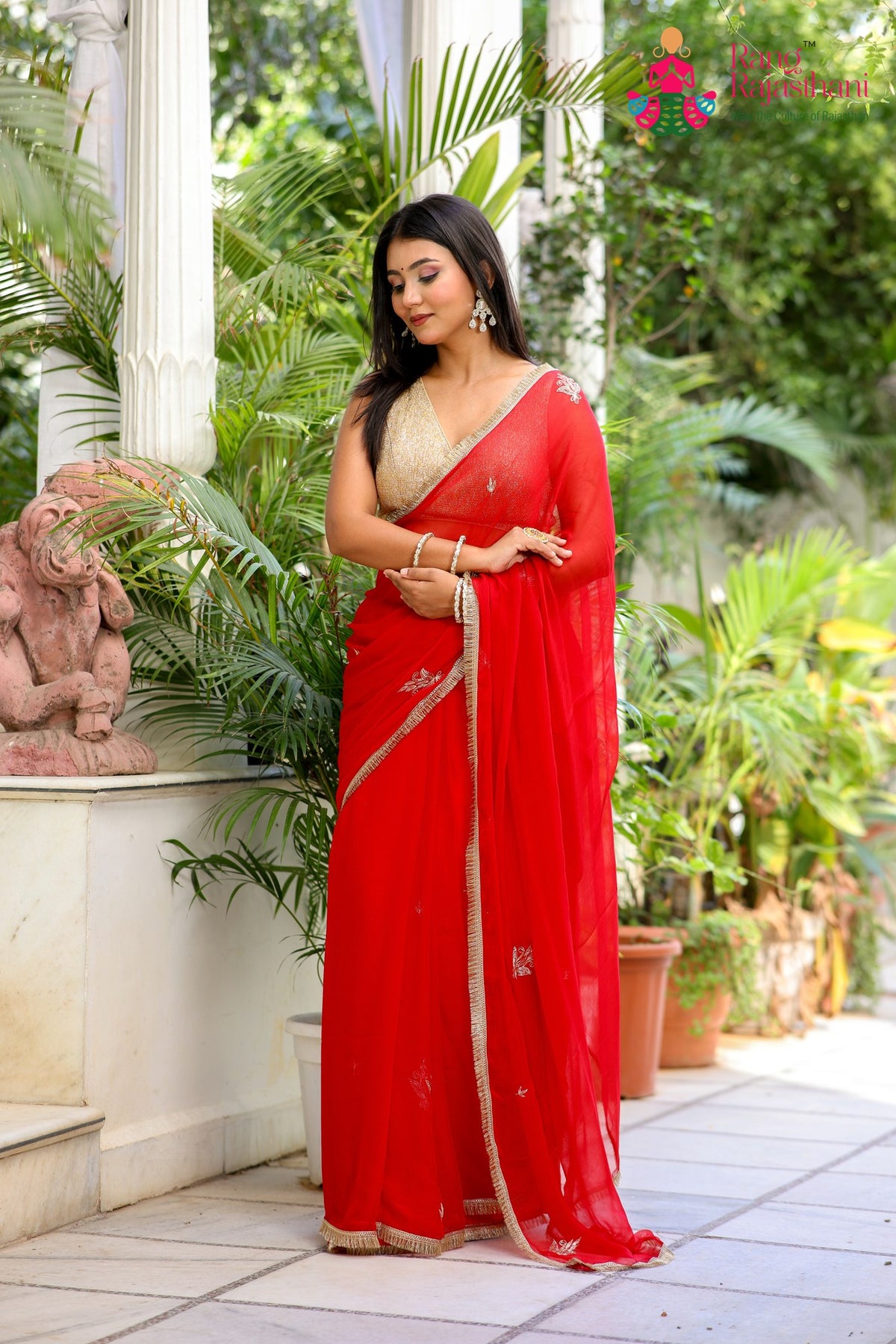 Red Pure Chiffon Rajputi Aari Tari Saree for Red Puja Sarees | Festive Collection