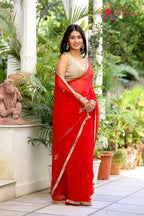 Red Pure Chiffon Rajputi Aari Tari Saree for Red Puja Sarees | Festive Collection