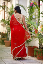Red Pure Chiffon Rajputi Aari Tari Saree for Red Puja Sarees | Festive Pick